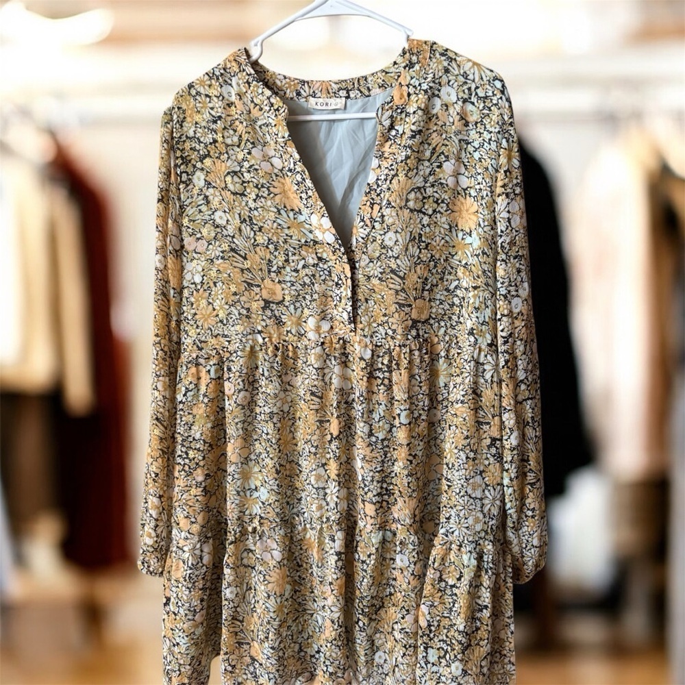 Kori Floral Boho Gold Button-Down Women's Dress w pockets large - Picture 2 of 5